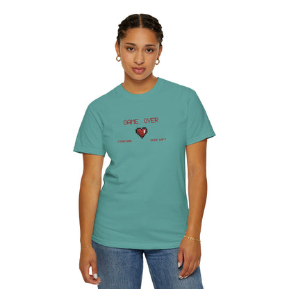 Close up of collar and neckline detail on pixel heart tee showing double needle stitching quality on garment dyed cotton
