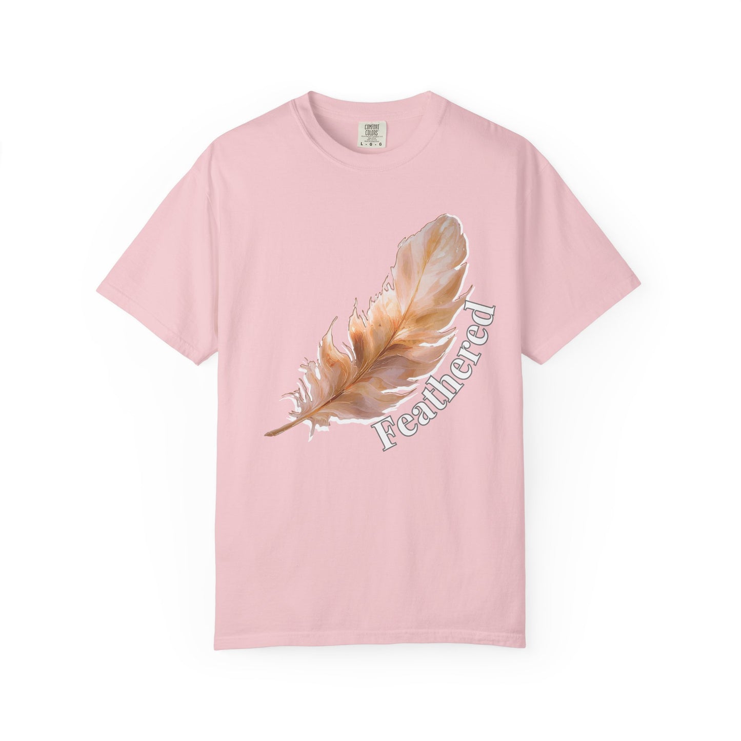 Close up of feathered printed tees artwork showing soft toned feather illustration