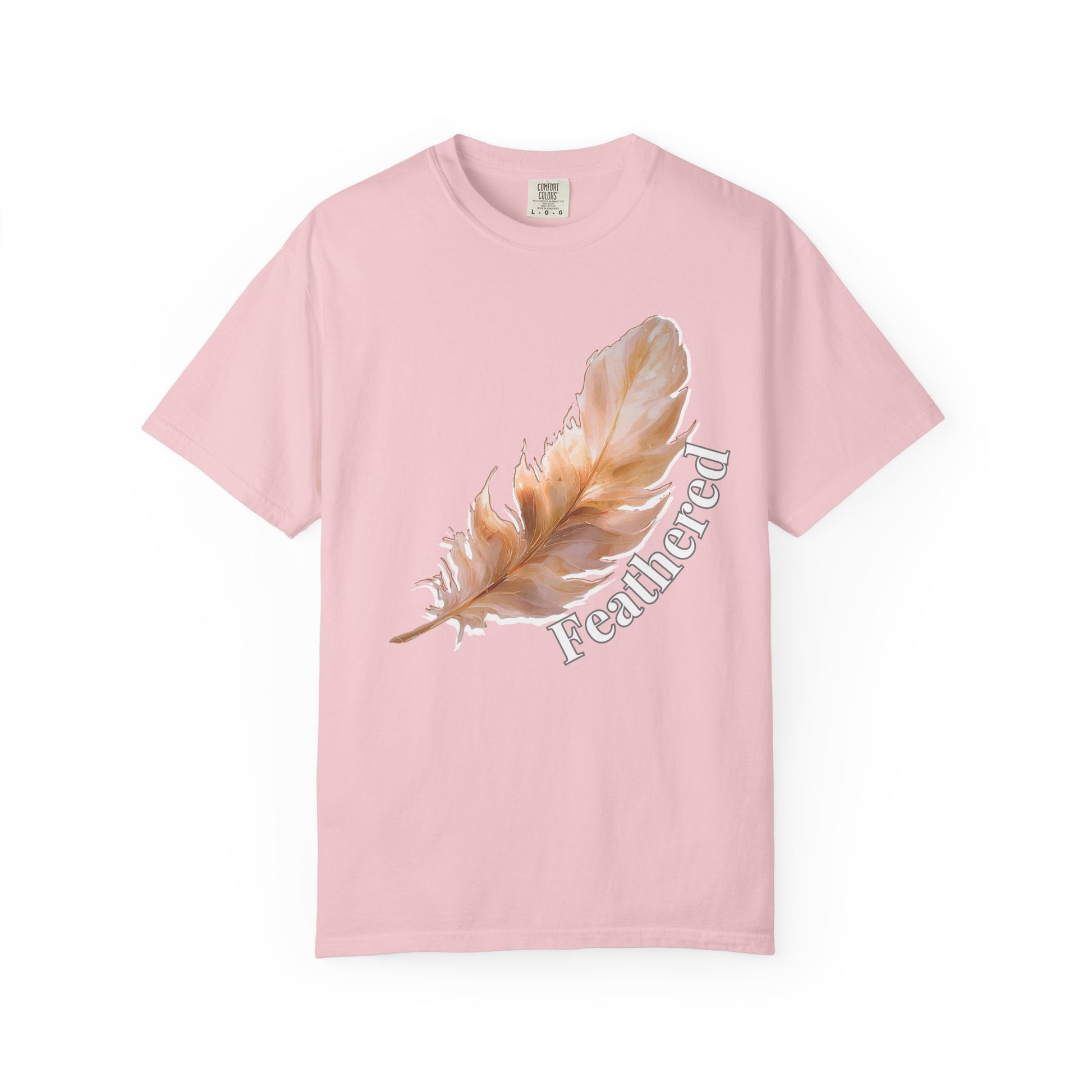 Close up of feathered printed tees artwork showing soft toned feather illustration