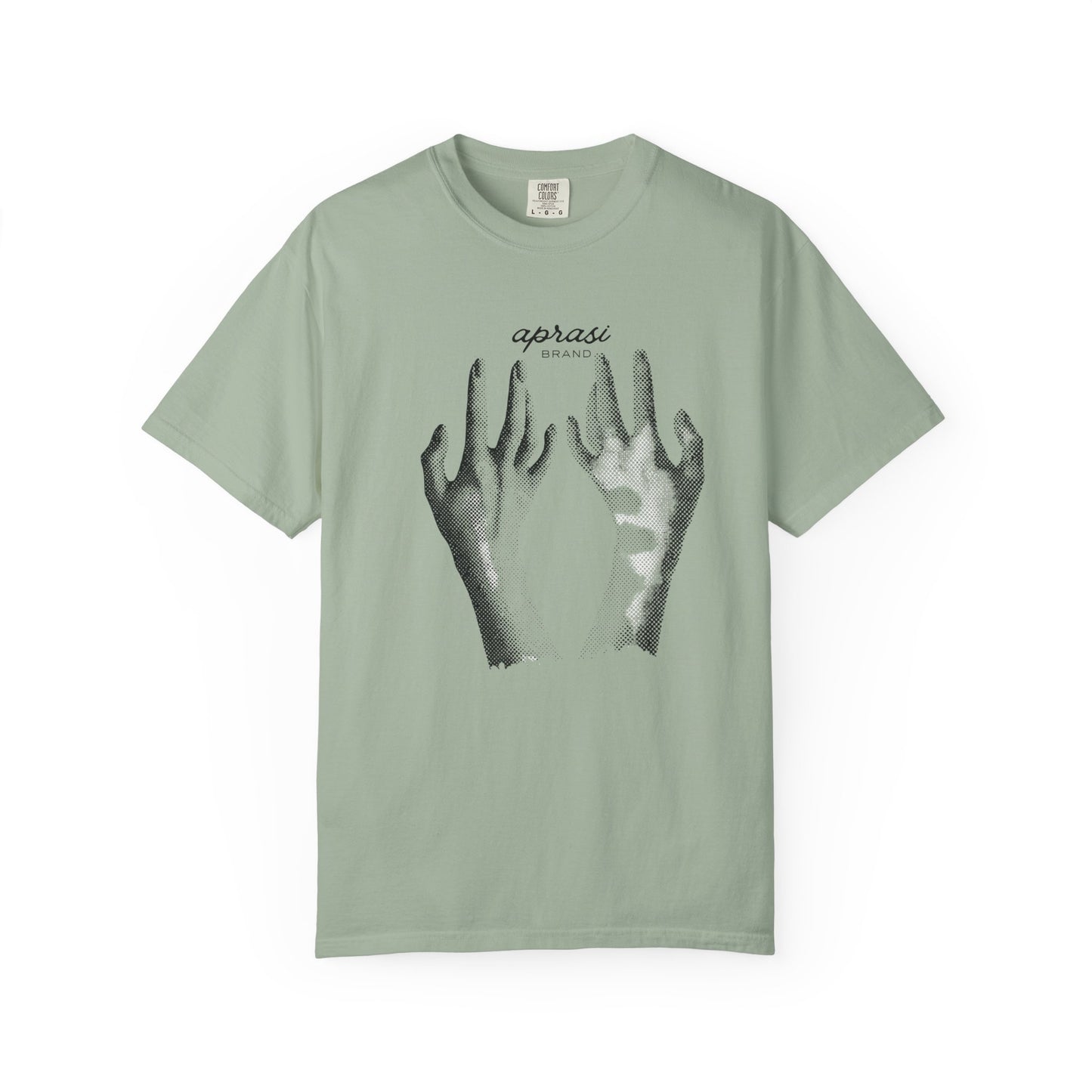 Close up of hand drawn illustration chest detail on indie art tee
