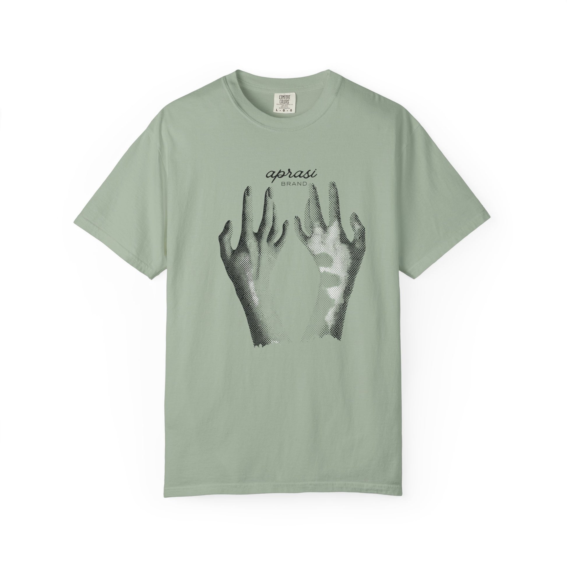 Close up of hand drawn illustration chest detail on indie art tee
