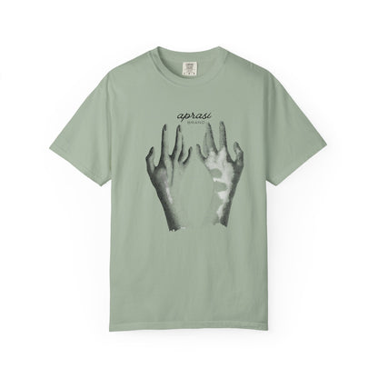 Close up of hand drawn illustration chest detail on indie art tee
