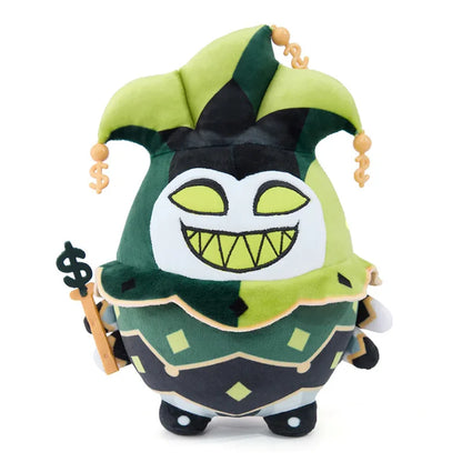 Close up of handmade Mammon plush showing jester outfit and neon green details

