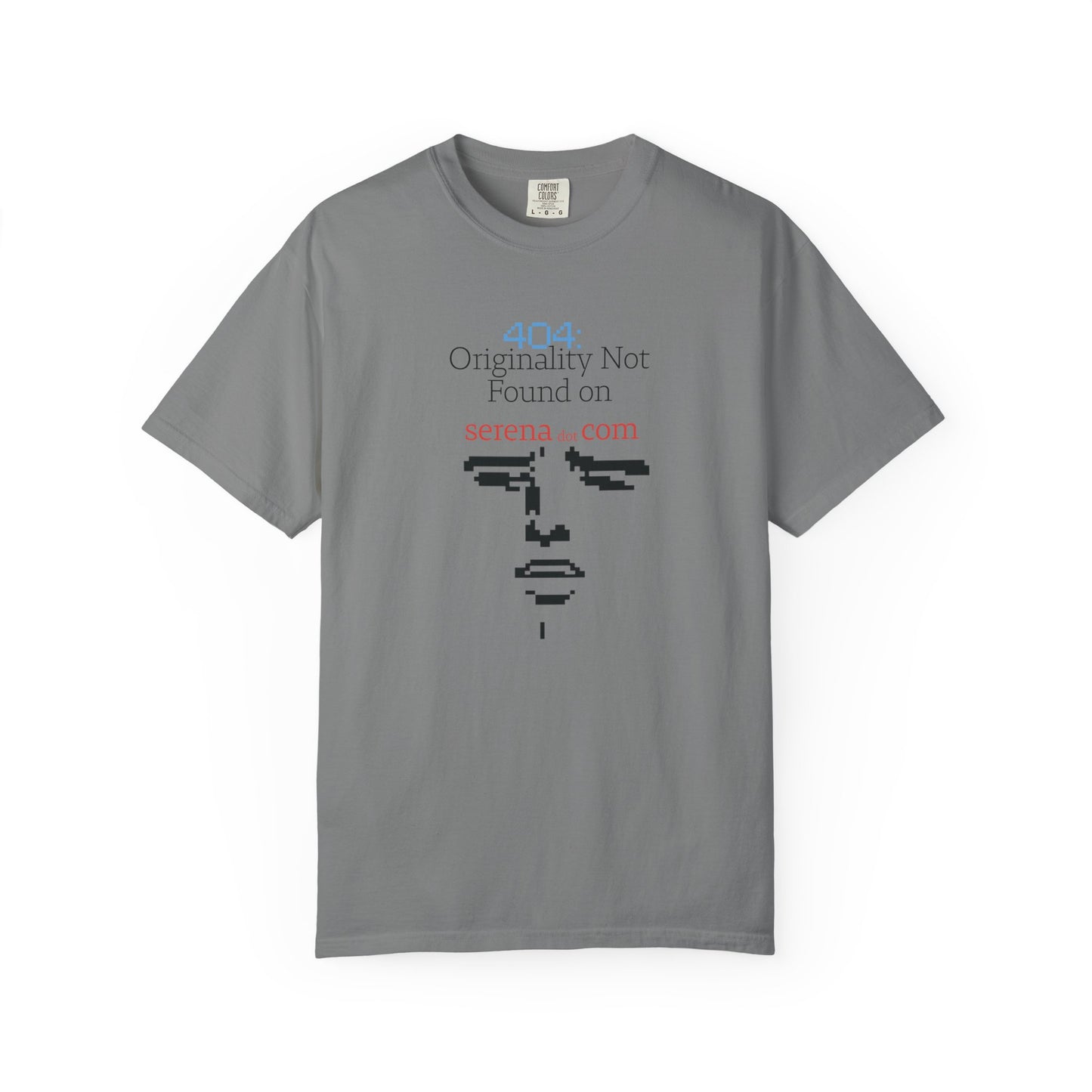 Close up of pixel art graphic shirt print detail featuring deadpan internet error callout text
