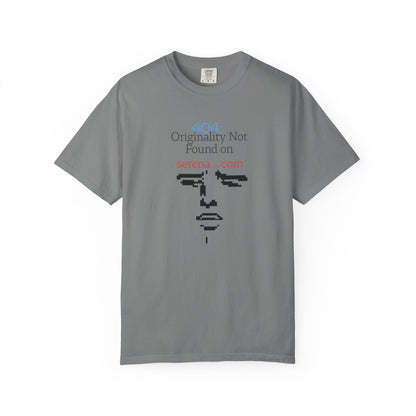 Close up of pixel art graphic shirt print detail featuring deadpan internet error callout text
