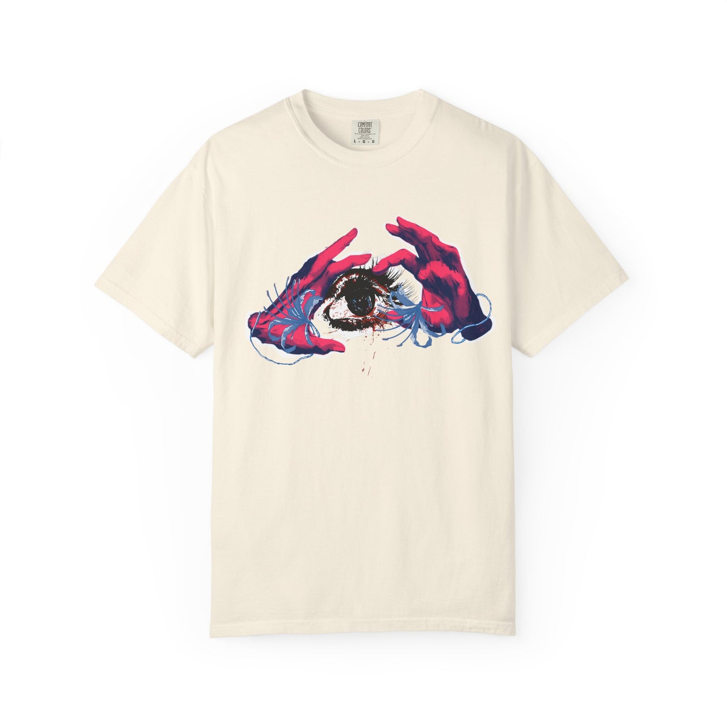 Close up of psychedelic graphic tee print featuring painterly hands cradling a single intense eye