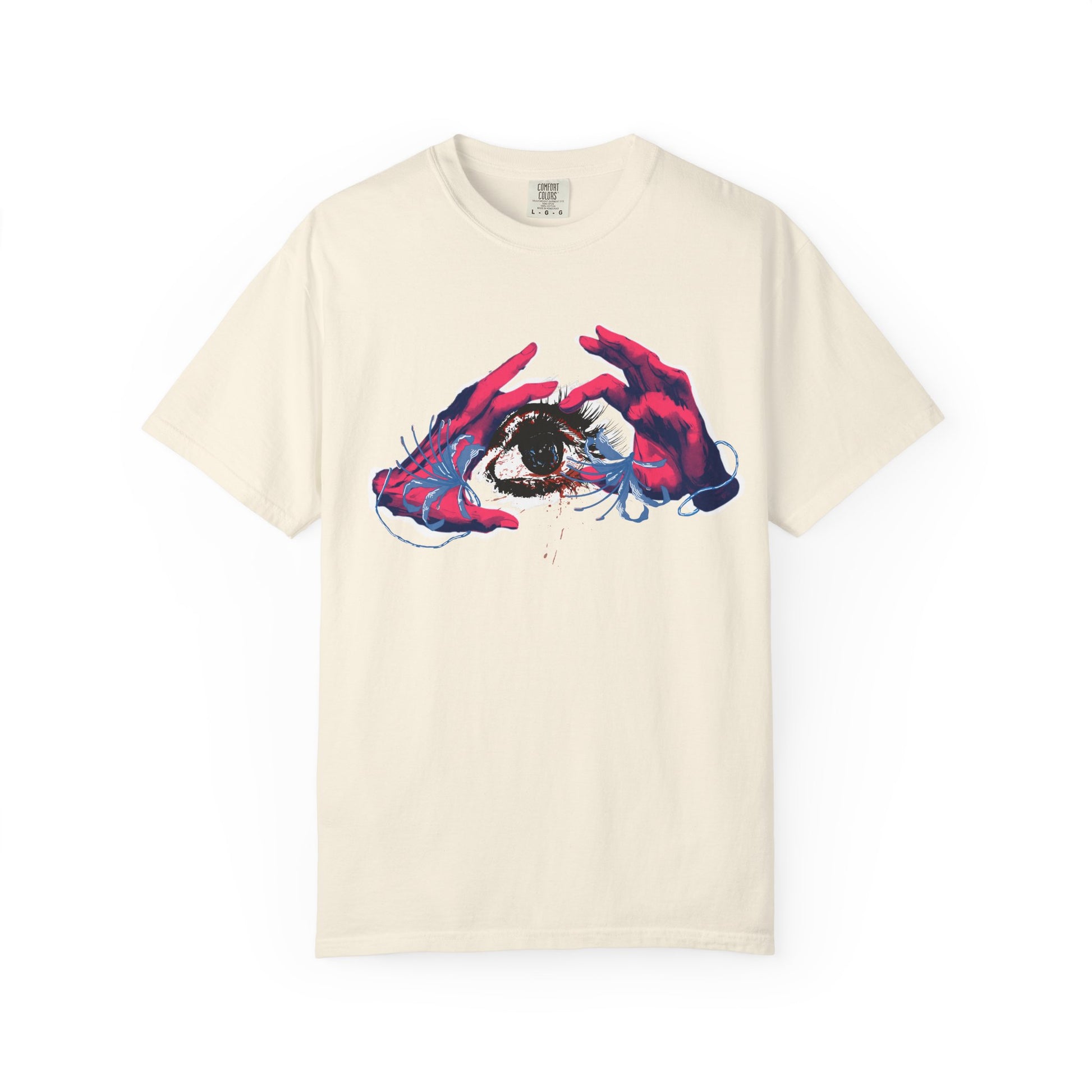Close up of psychedelic graphic tee print featuring painterly hands cradling a single intense eye