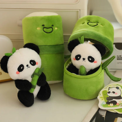 Close up of soft plush panda face emerging from zippered bamboo case, panda toy detail shot