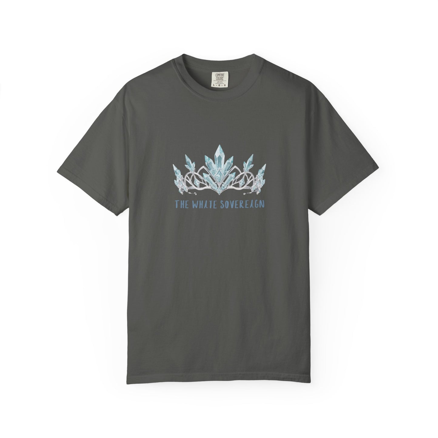 Close up of the blue crown watercolor crest on The White Sovereign ice queen graphic tee chest print in deep glacial blue tones

