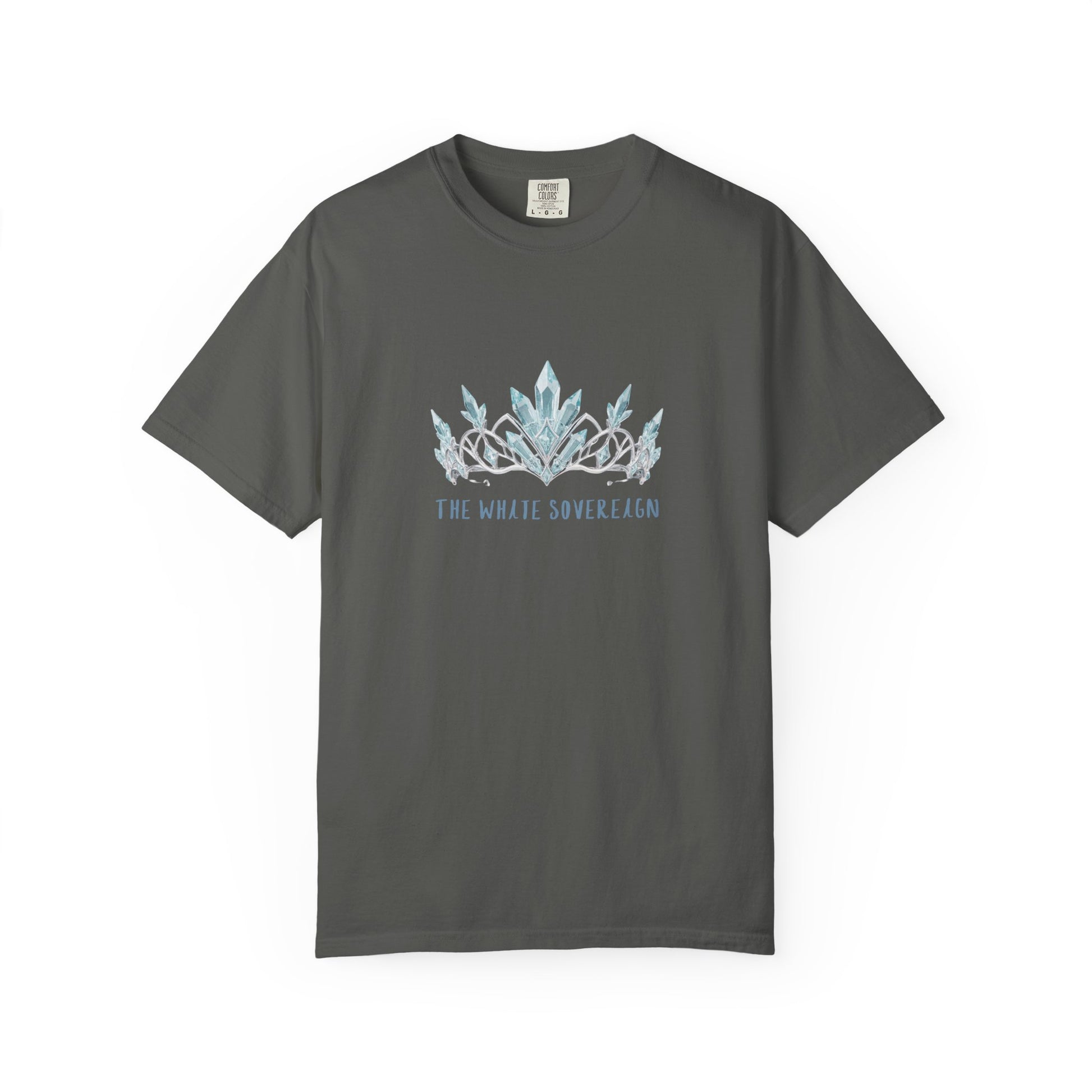 Close up of the blue crown watercolor crest on The White Sovereign ice queen graphic tee chest print in deep glacial blue tones
