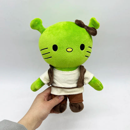 Close up of the stitching on a Sanrio style Shrek plushie