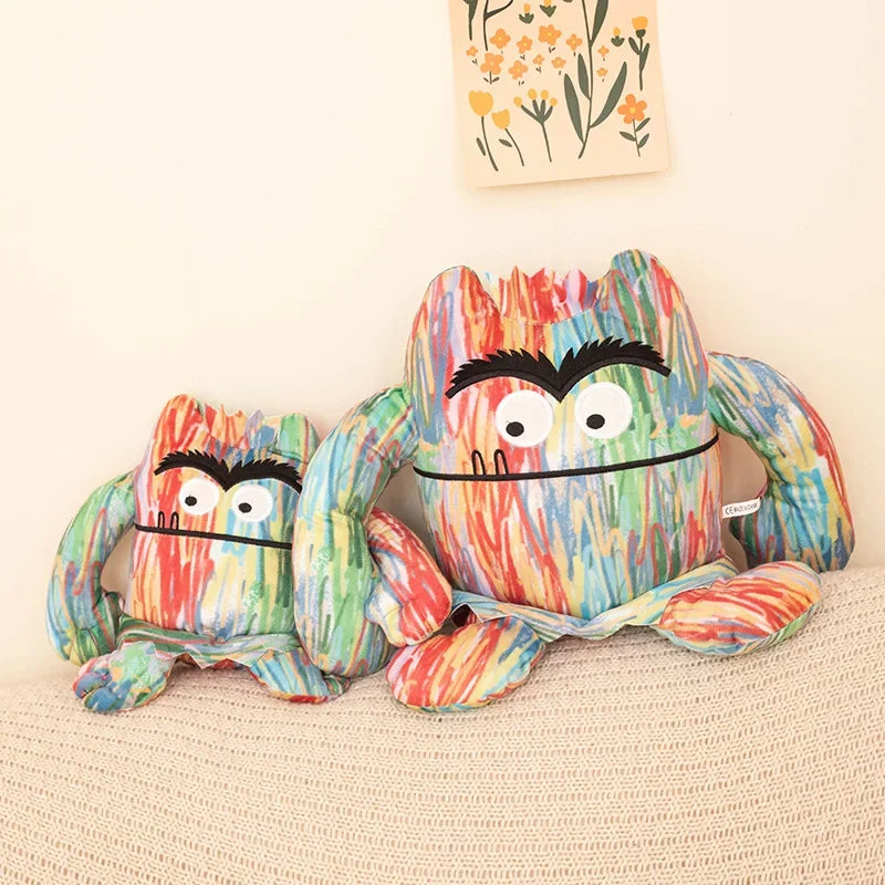 Closeup texture shot of soft plush fabric on colorful mixed emotions stuffed animal