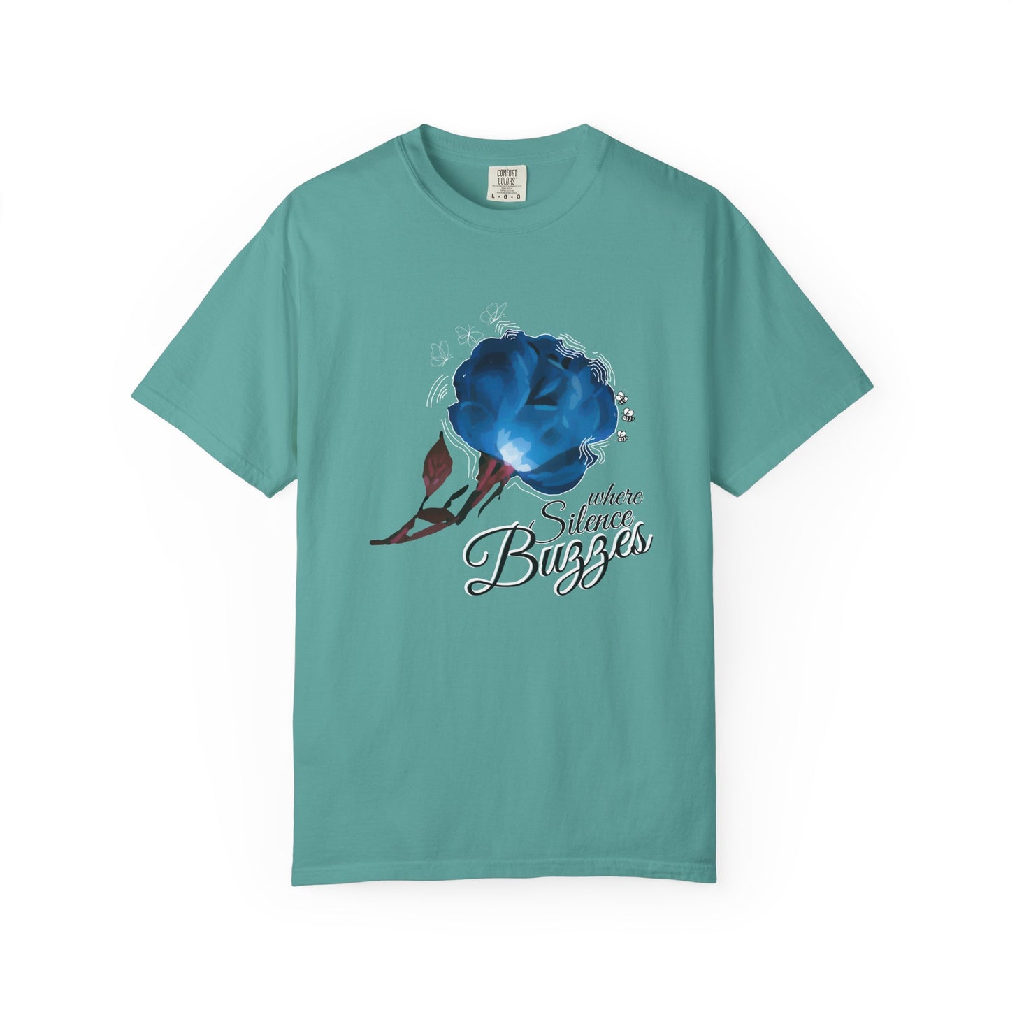 Cobalt blue rose with bees and butterflies botanical graphic tee flat lay on neutral background