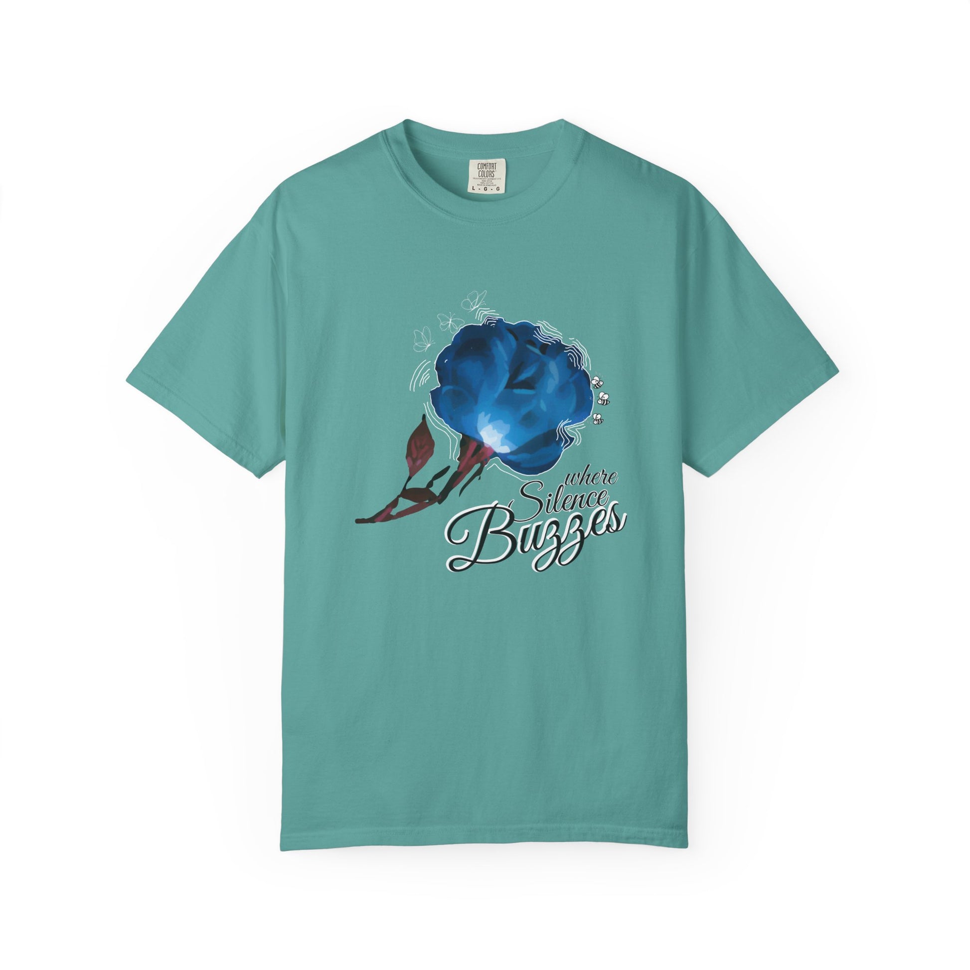 Cobalt blue rose with bees and butterflies botanical graphic tee flat lay on neutral background