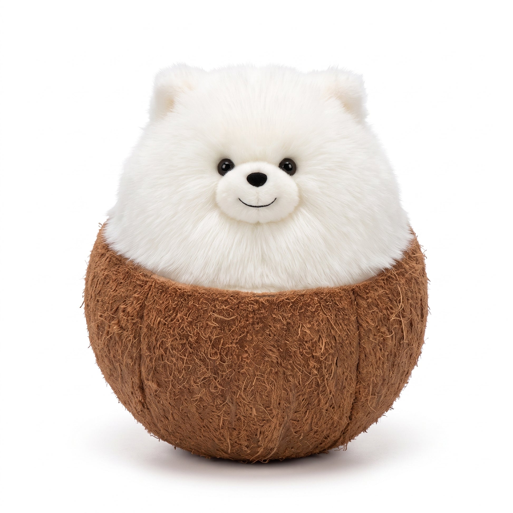 Coconut dog plush - fluffy white puppy stuffed animal popping out of removable coconut shell