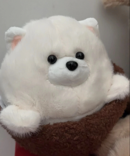 Coconut dog plush displayed on shelf as desk decor - kawaii plush toy collectible