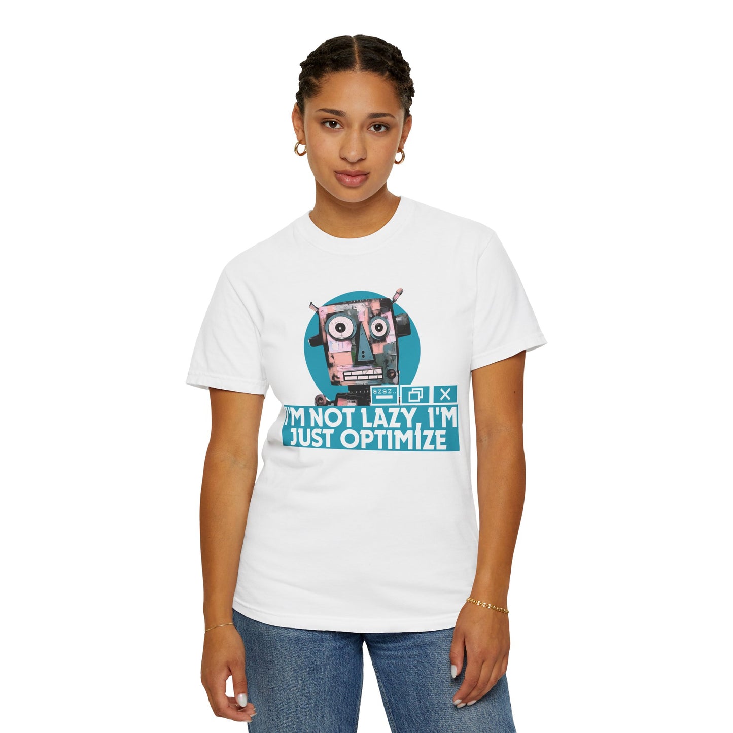 Coding shirt flat lay showing full front graphic of optimize robot design