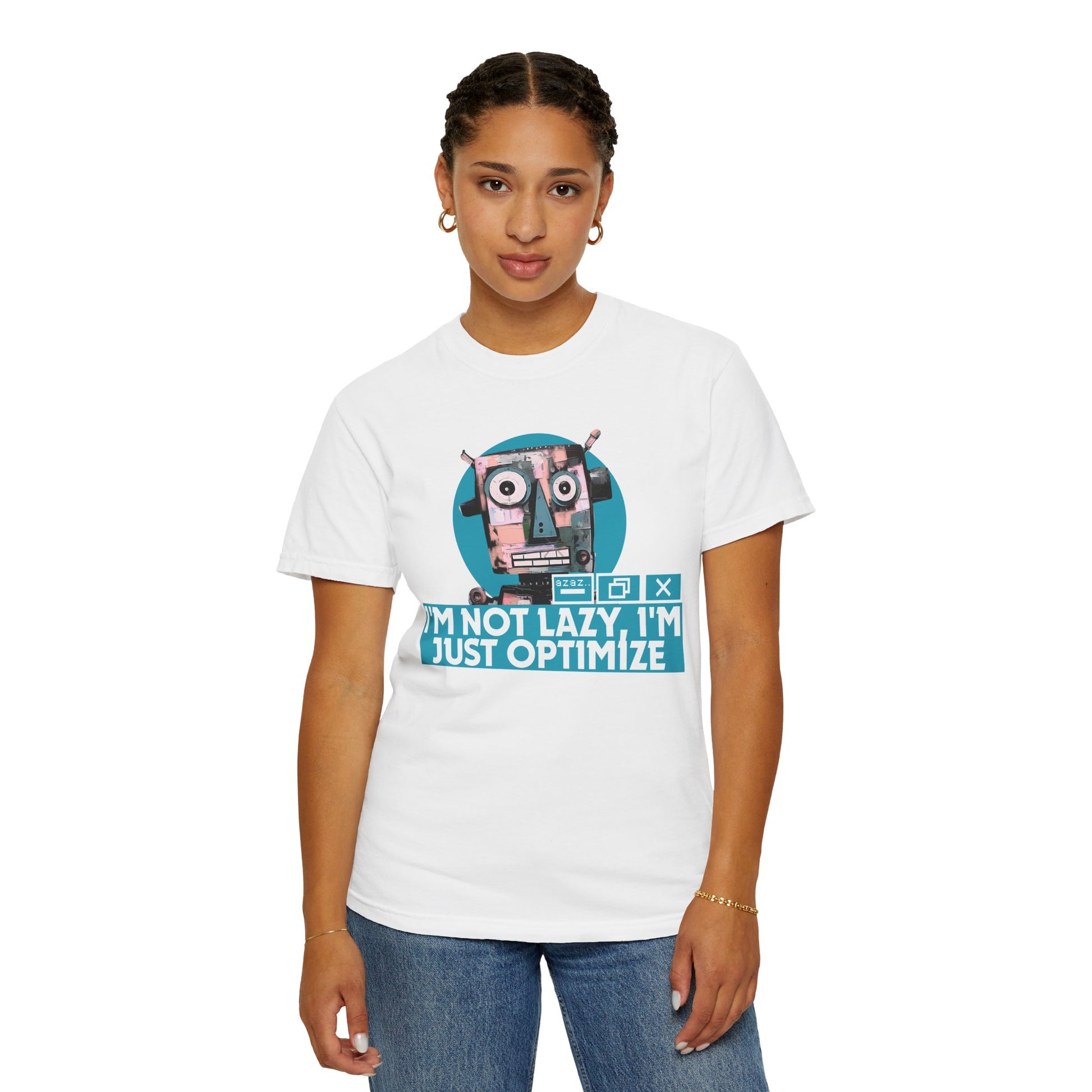 Coding shirt flat lay showing full front graphic of optimize robot design