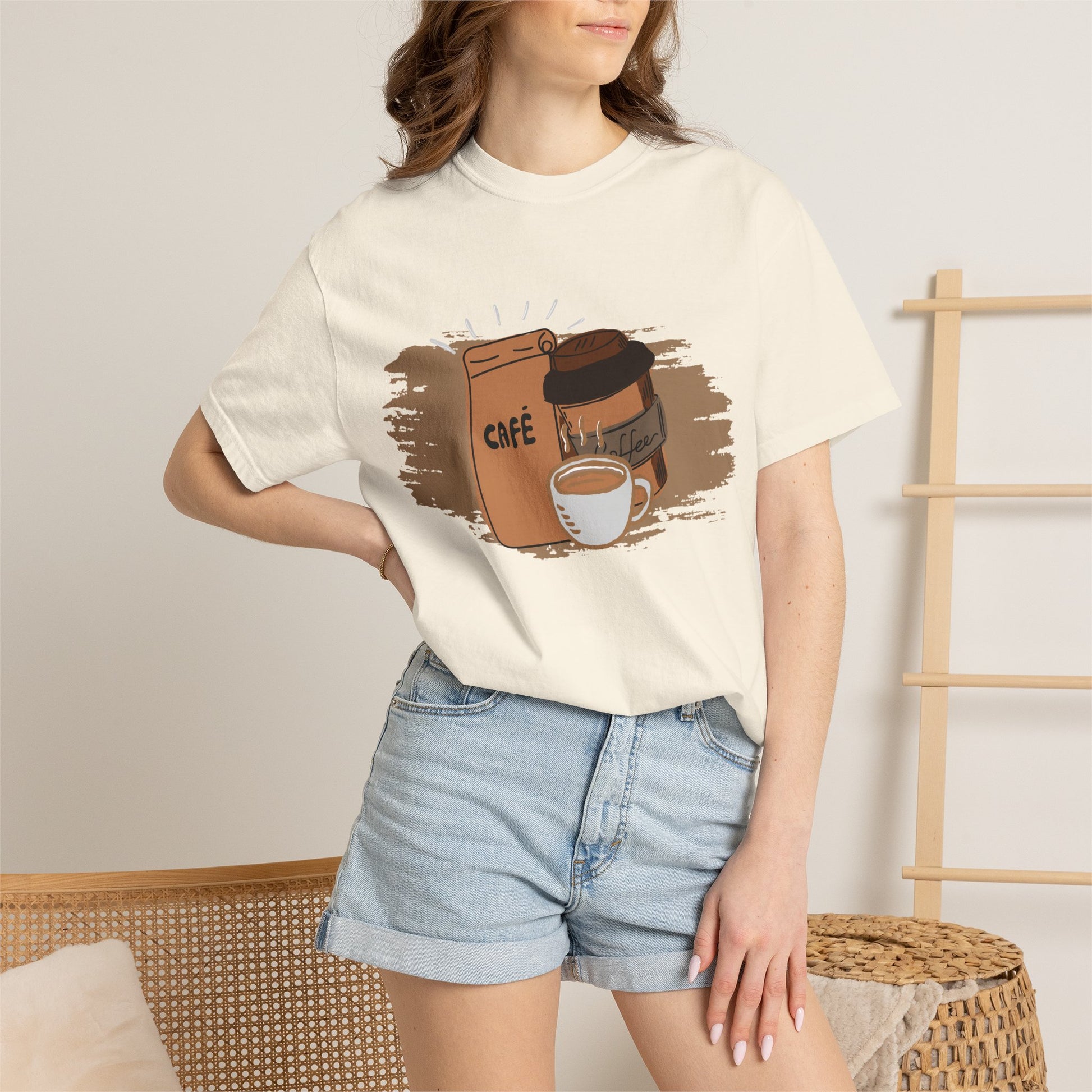 Coffee connoisseur tee featuring café bag and brew setup illustration