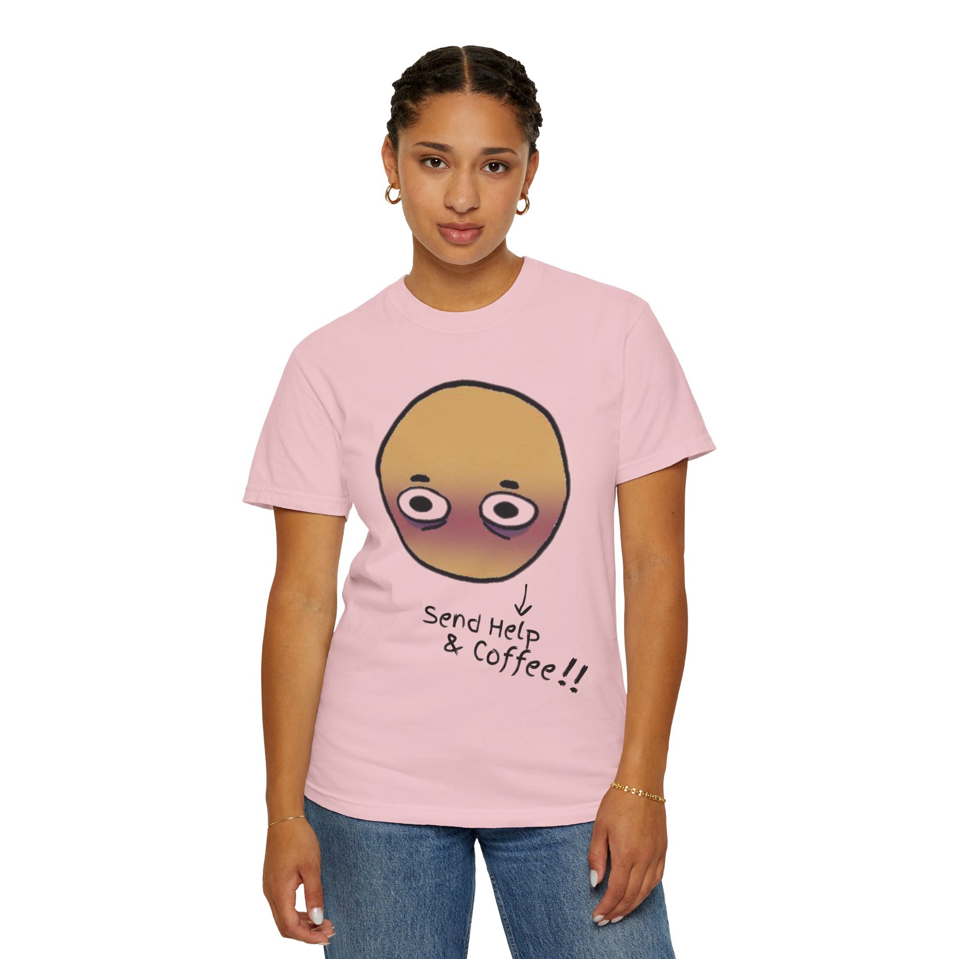 Coffee meme culture wearable art tee with blushing face and handwritten text