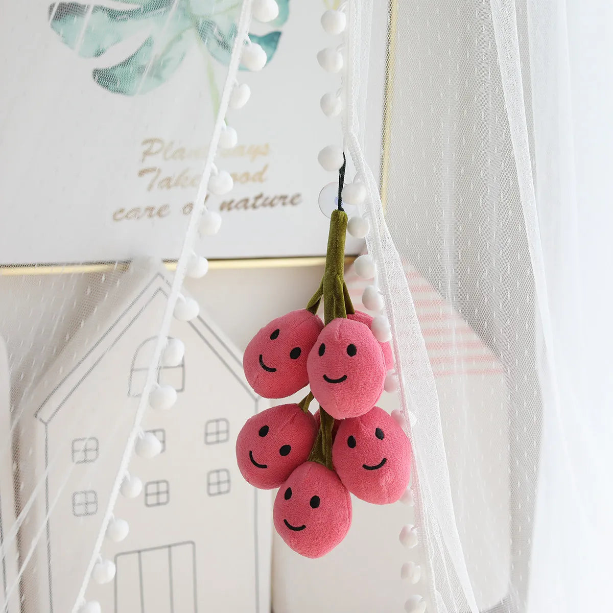 Collection of smiling grapes plush toys in all color variants arranged as kawaii room decor display