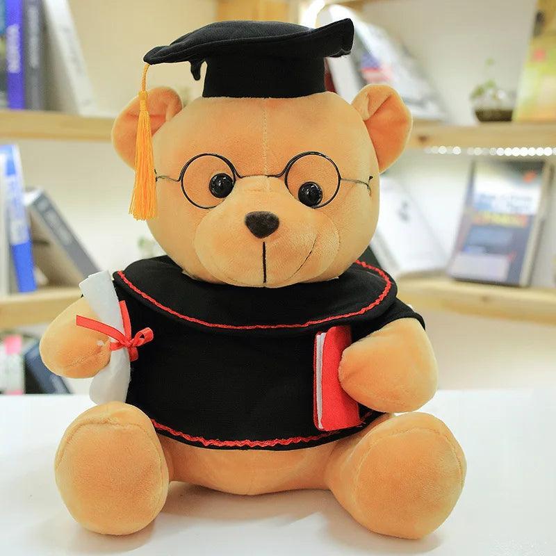 College graduation bear plush gift paired with bouquet and congratulations card
