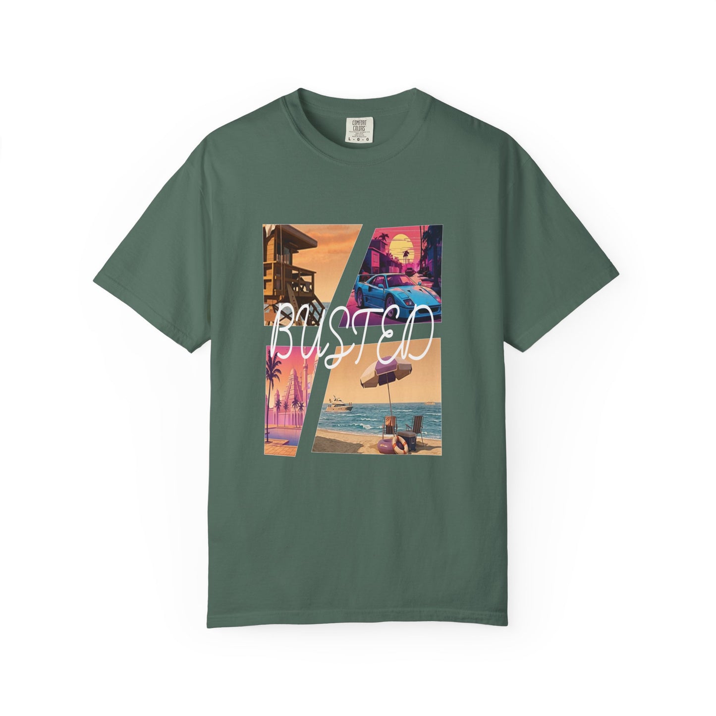 Comfort Colors 1717 garment dyed tee with neon beach panel design