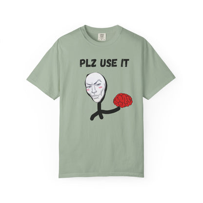 Comfort Colors 1717 heavyweight tee with brain and cheeky caption artwork