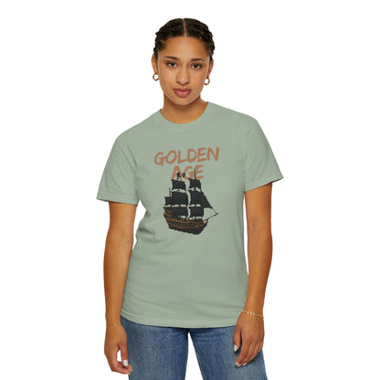 Comfort Colors 1717 pirate shirt in washed black with golden age print
