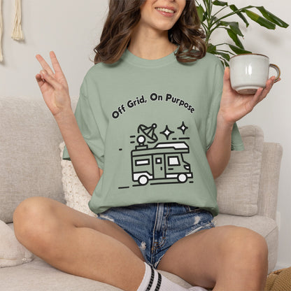 Comfort Colors 1717 sewn in label close up on the off grid on purpose camper van tee