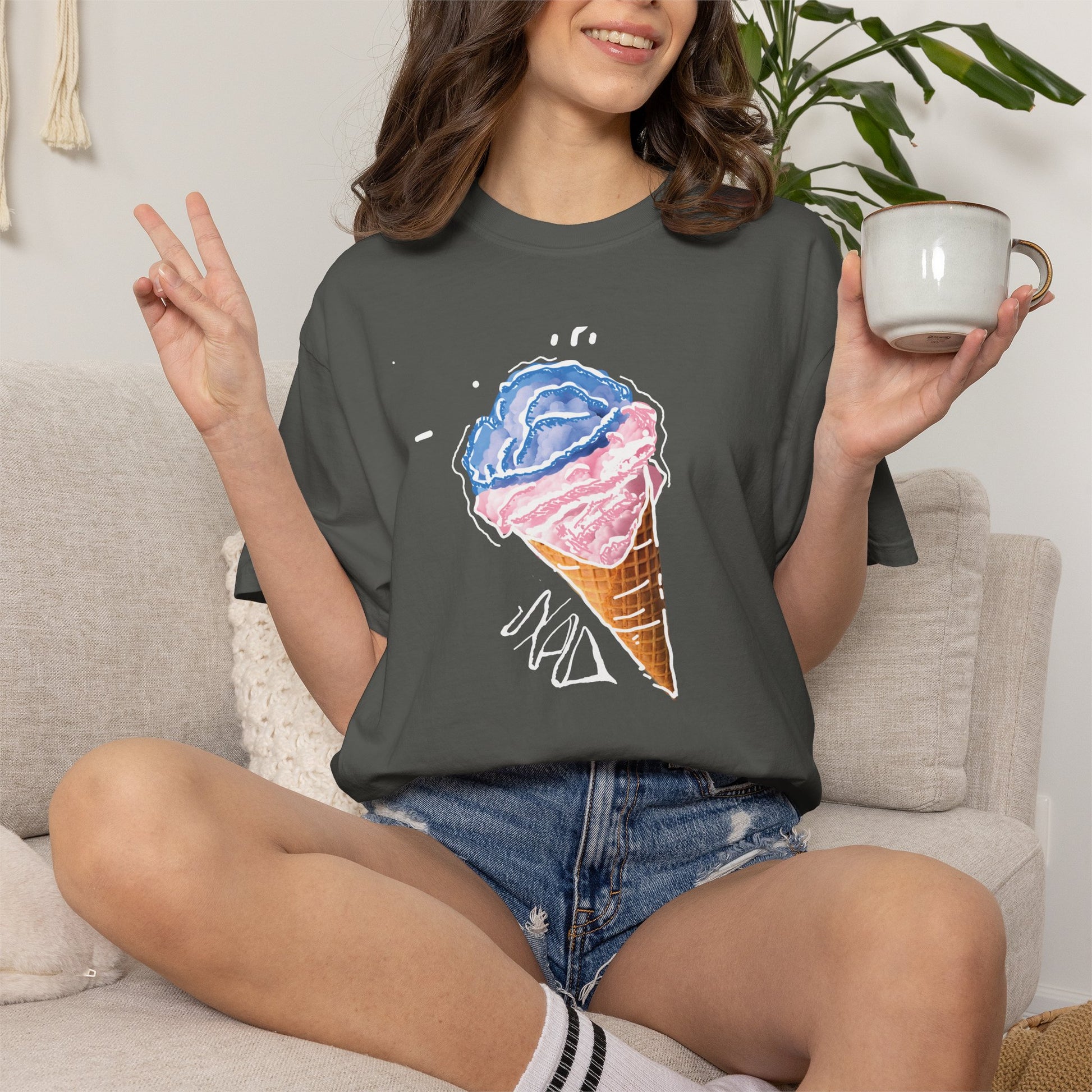 Comfort Colors 1717 shirt with hand-drawn ice cream cone in watercolor style