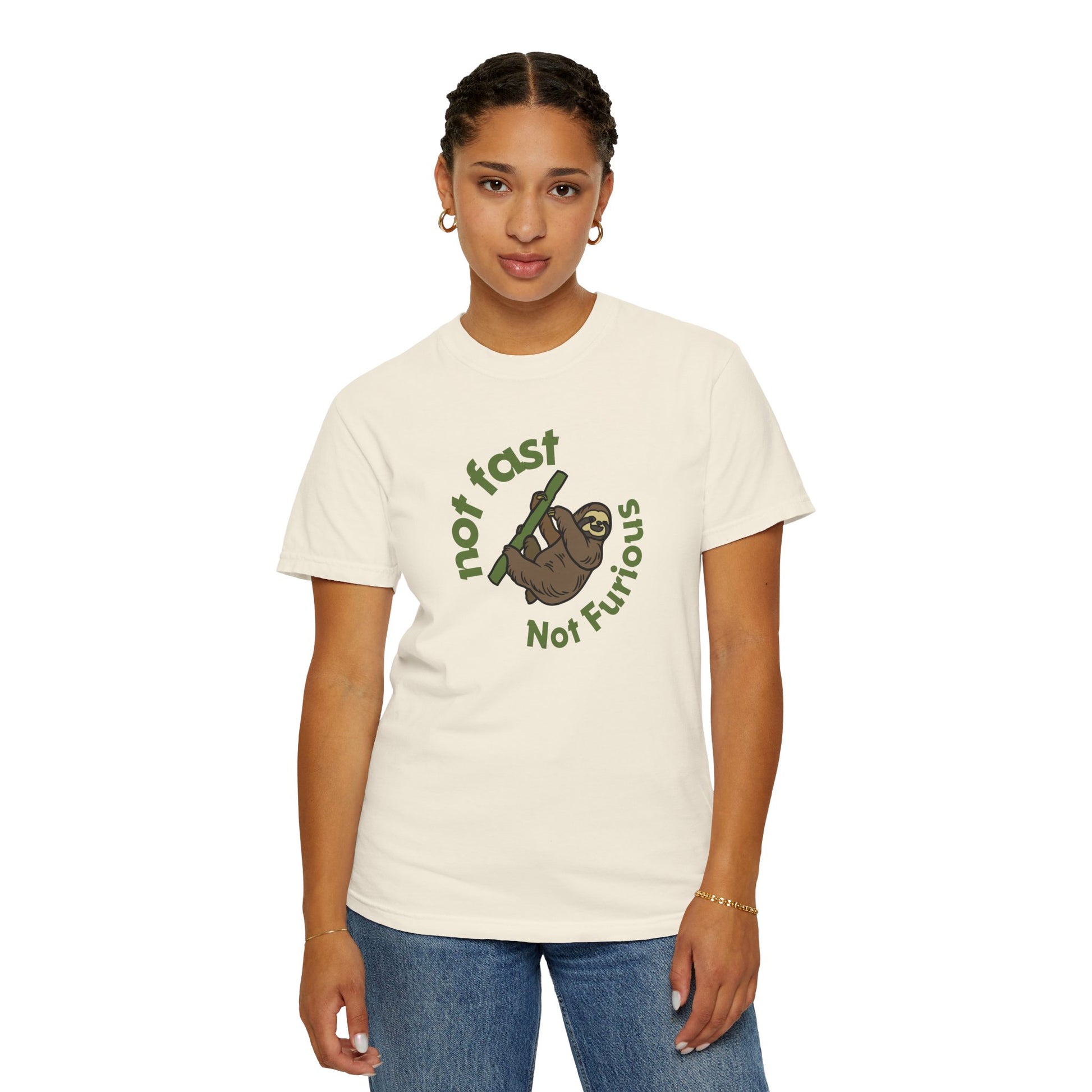 Comfort Colors 1717 sloth graphic tee lifestyle photo worn outdoors