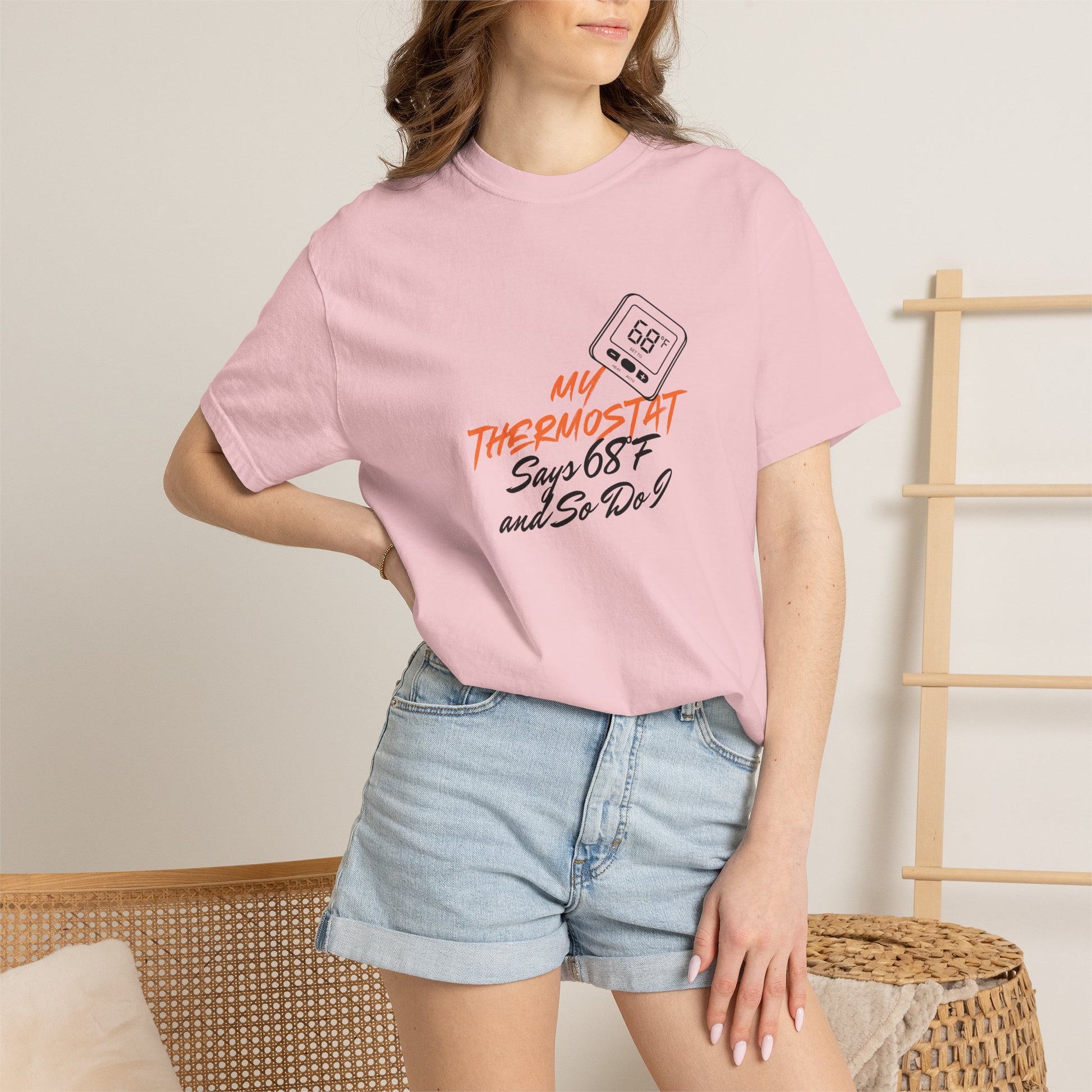 Comfort Colors 1717 tee in black colorway with orange thermostat graphic pop
