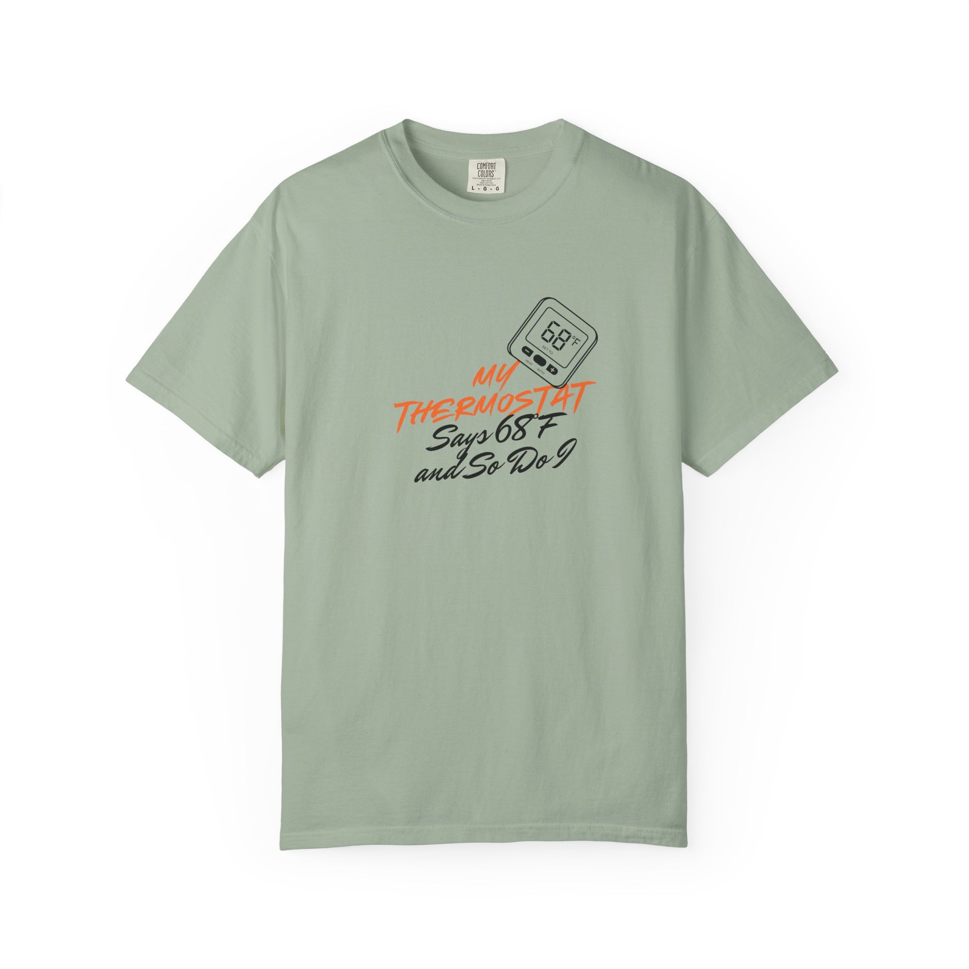 Comfort Colors 1717 tee in faded blue colorway with 68 degree thermostat print

