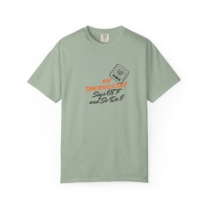 Comfort Colors 1717 tee in faded blue colorway with 68 degree thermostat print
