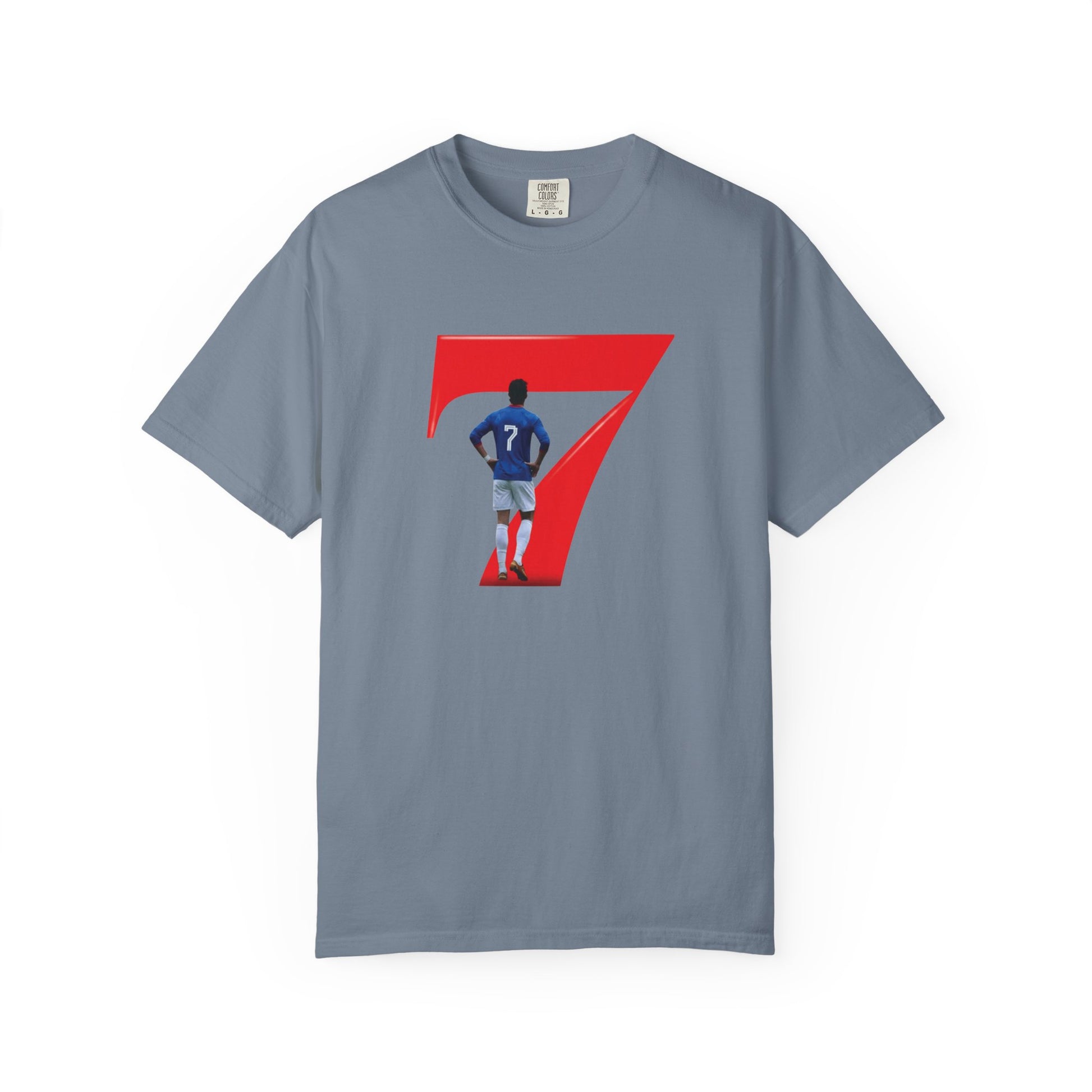 Comfort Colors 1717 tee with No.7 footballer graphic center front