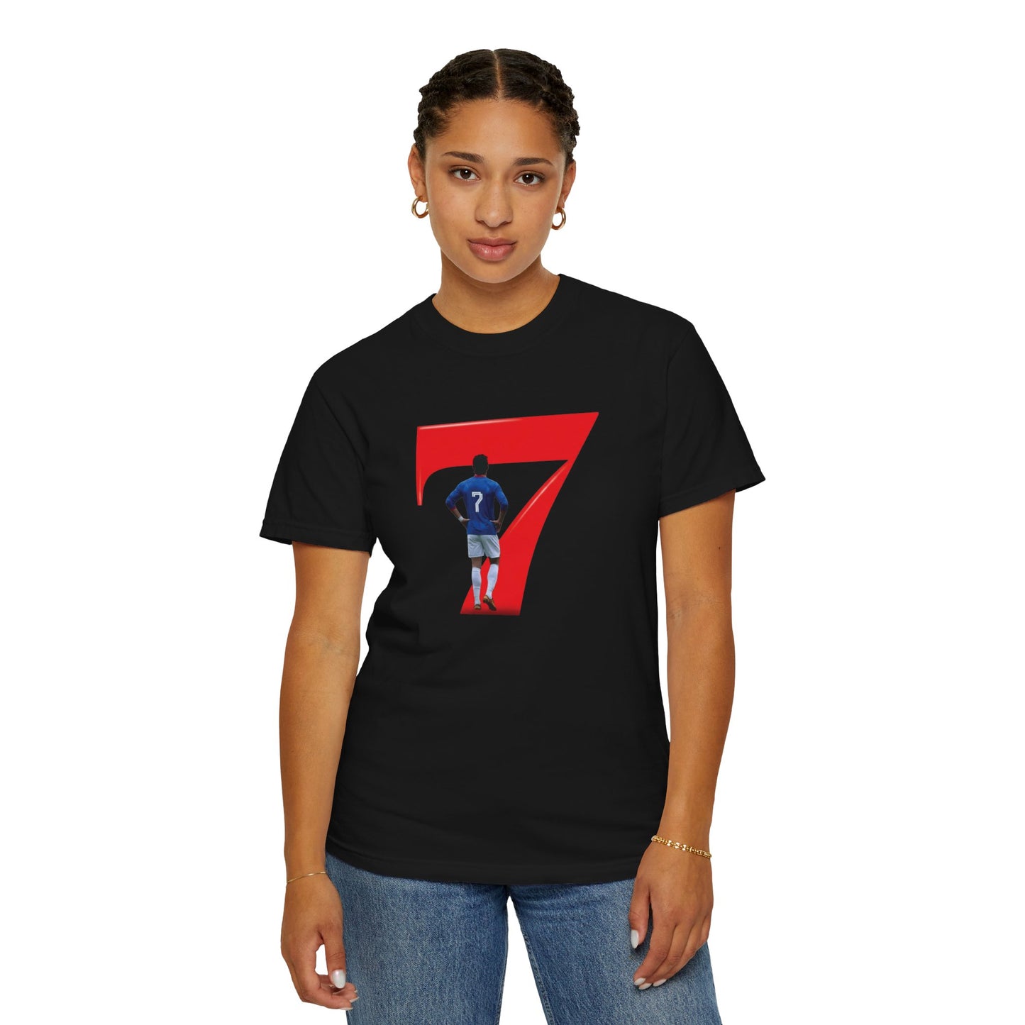Comfort Colors garment-dyed tee with footballing No.7 silhouette design