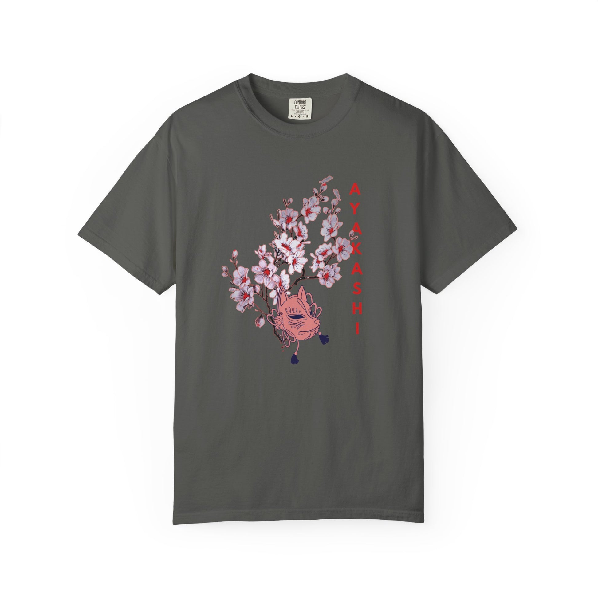 Comfort Colors garment-dyed tee with yokai mask graphic and AYAKASHI vertical type