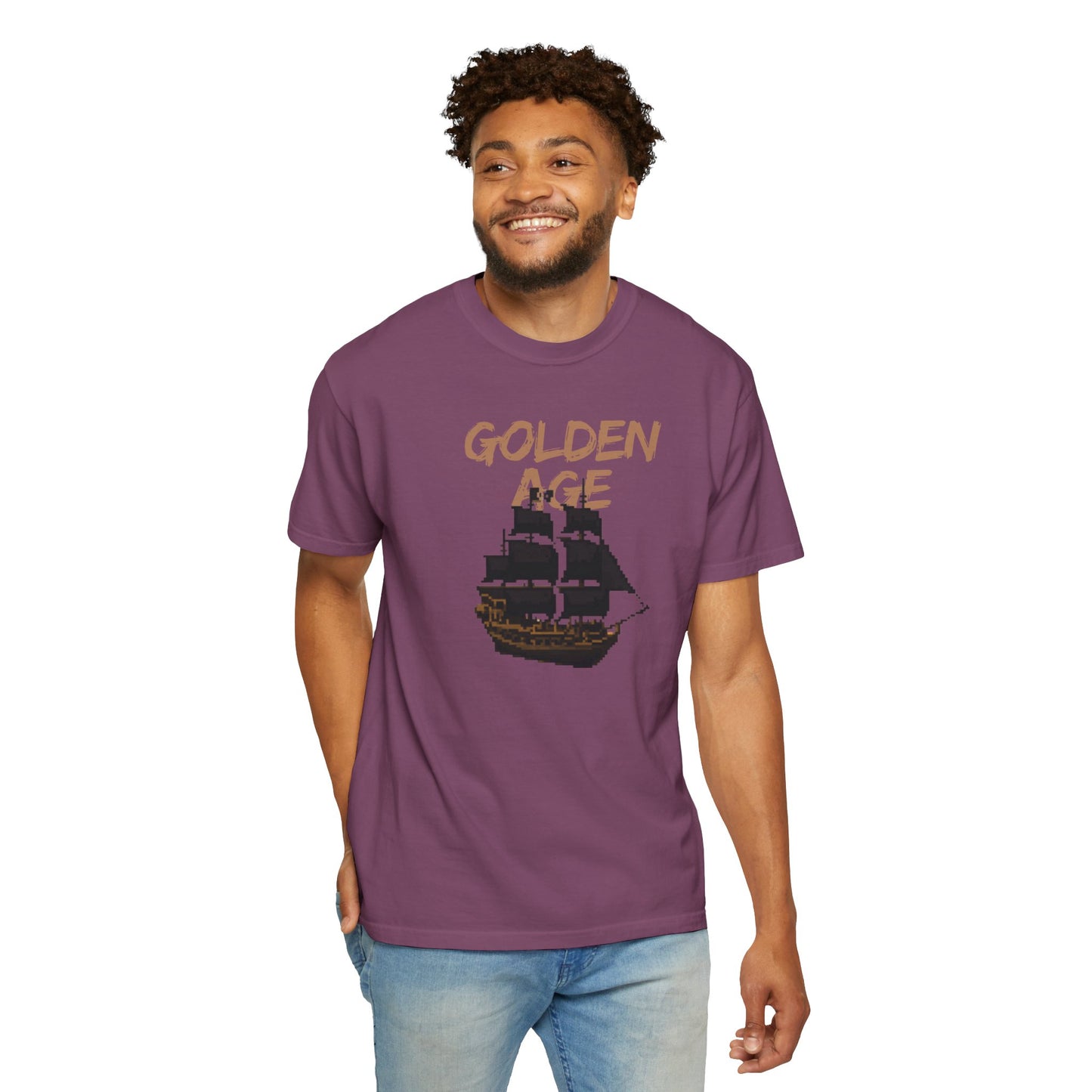 Comfort Colors pirate shirt in pepper colorway with golden age graphic

