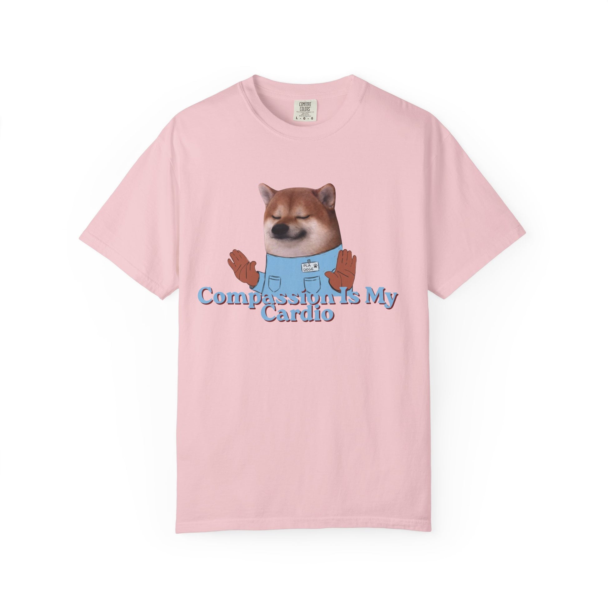 Comfort Colors style tee with dog graphic and Compassion Is My Cardio slogan