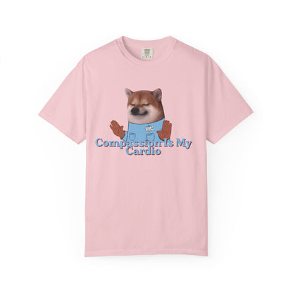 Comfort Colors style tee with dog graphic and Compassion Is My Cardio slogan