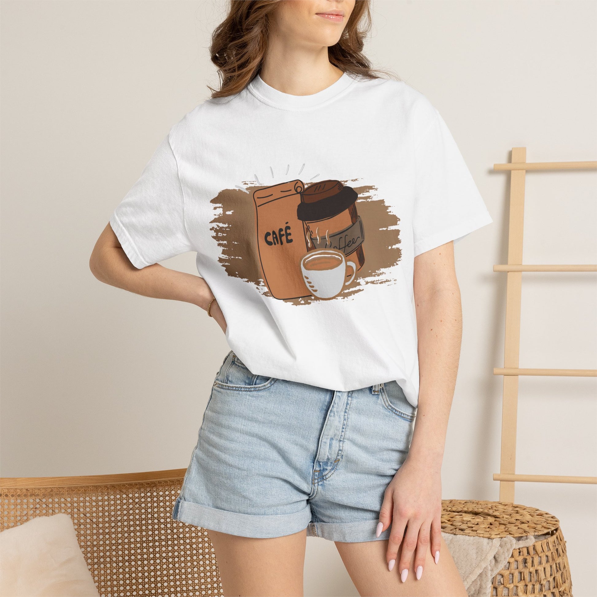 Comfort Colors tee with charming coffee brewing illustration