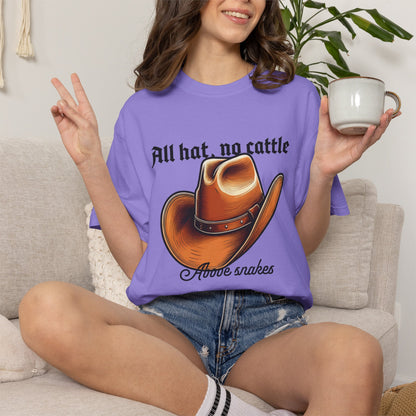Comfort colors cowboy tee in full length on standing model
