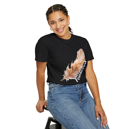 Comfort colors feathered tee showing garment dyed vintage wash texture