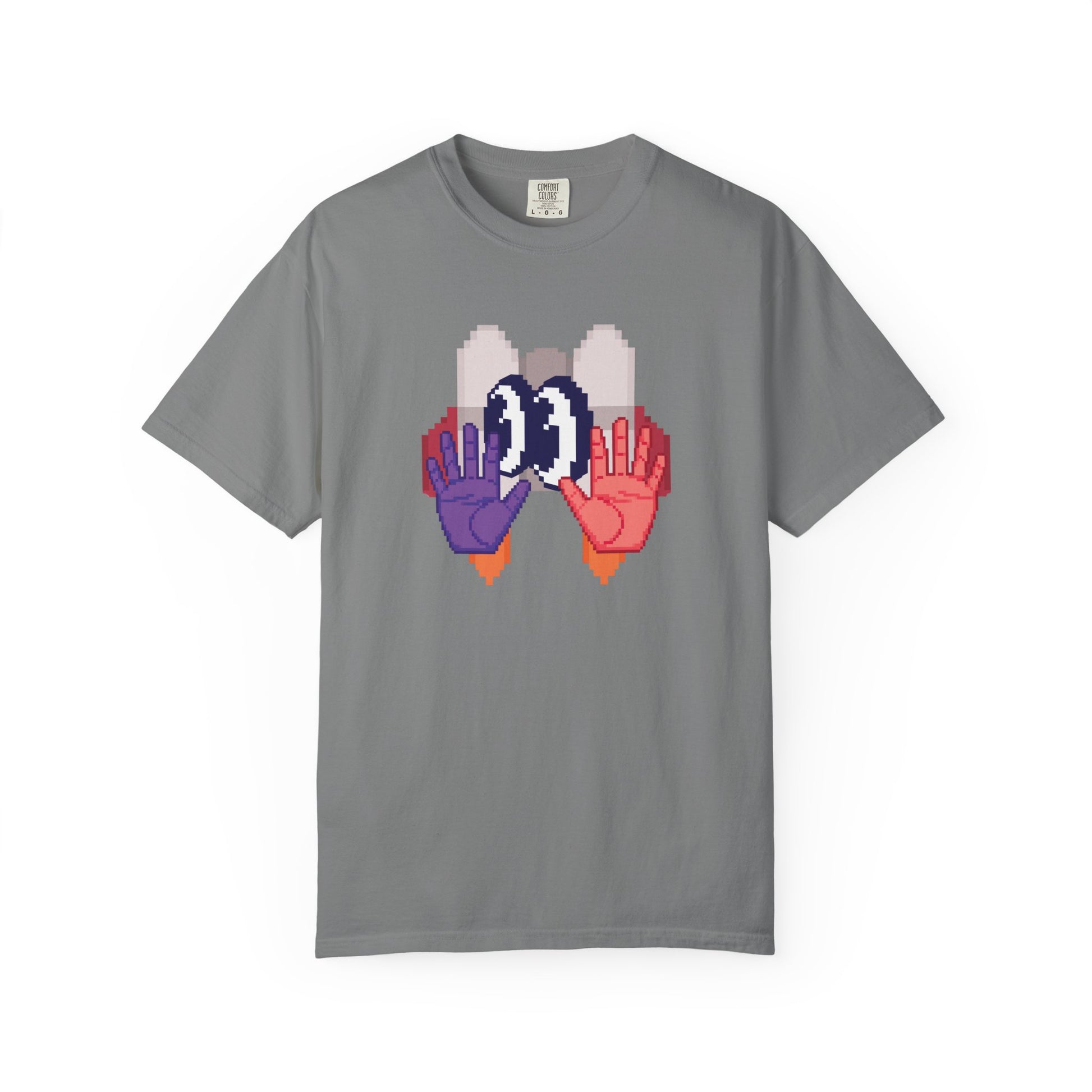 Comfort colors graphic tee pixel art chest print detail shot
