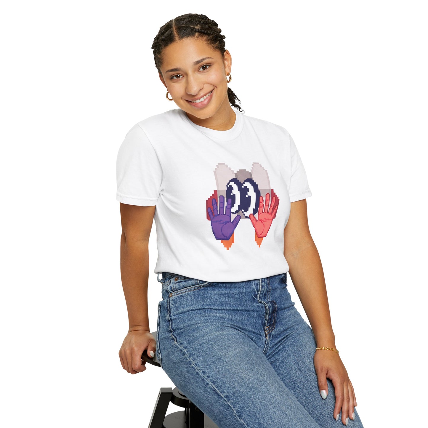 Comfort colors graphic tee pixel art design detail shot natural light
