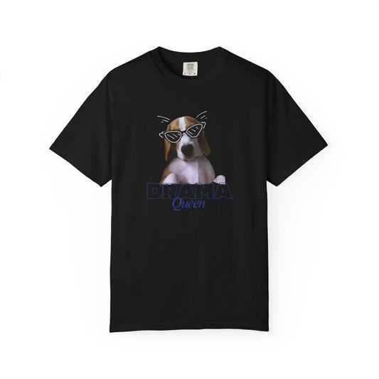 Confident beagle wearing retro cat-eye sunglasses with Queen script on garment dyed tee
