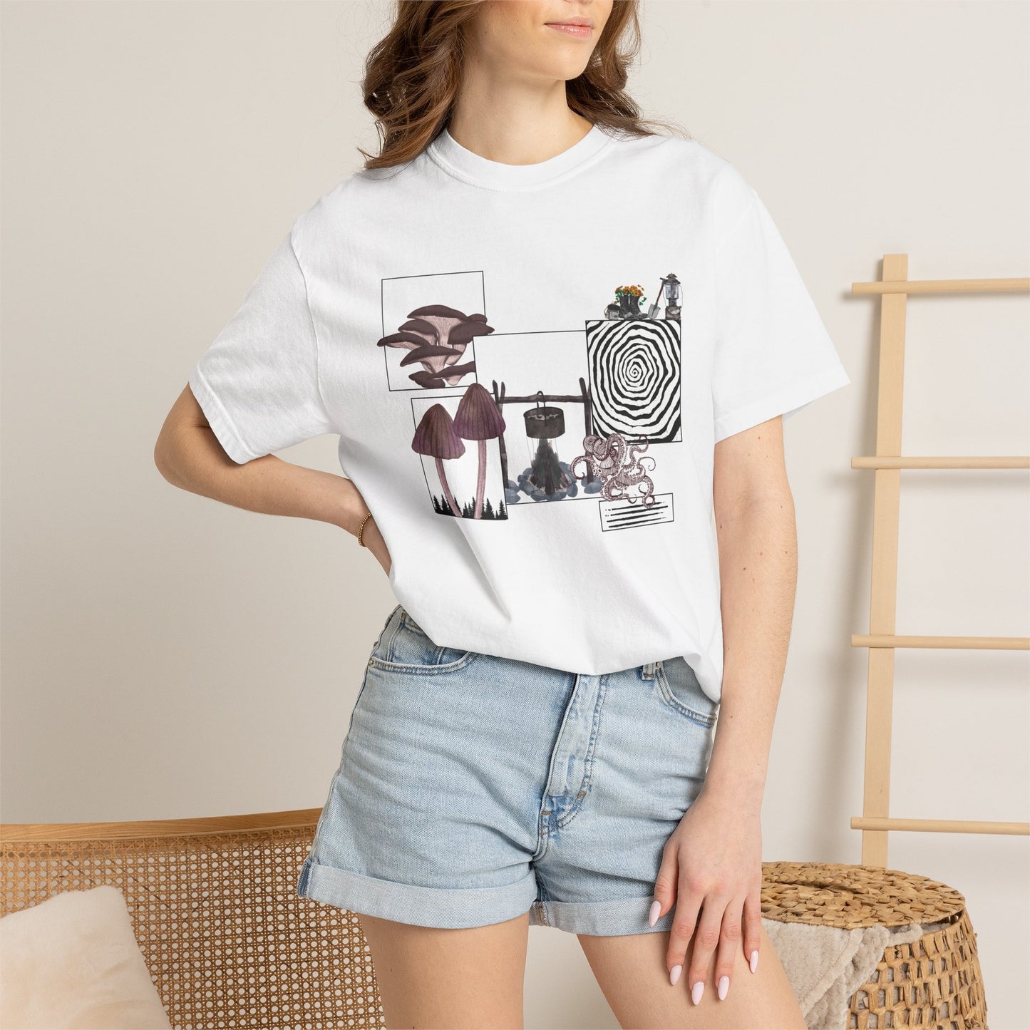 Cottagecore shirt with dark witch edge showing full mushroom lantern center front design