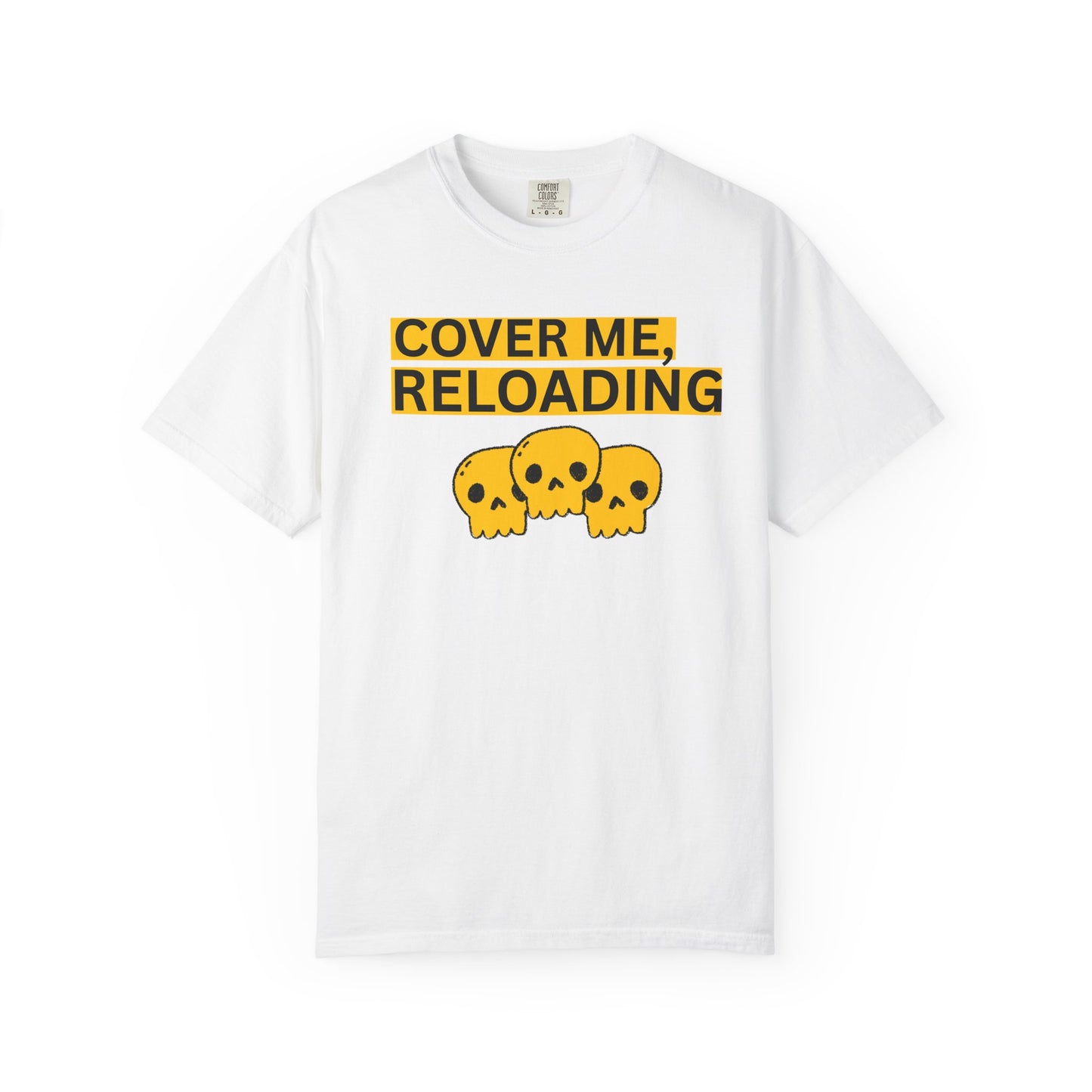 Cover Me Reloading gaming graphic tee with yellow skull design on black shirt