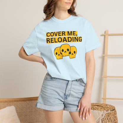 Cover Me Reloading tee black yellow skull print close-up detail on Comfort Colors fabric